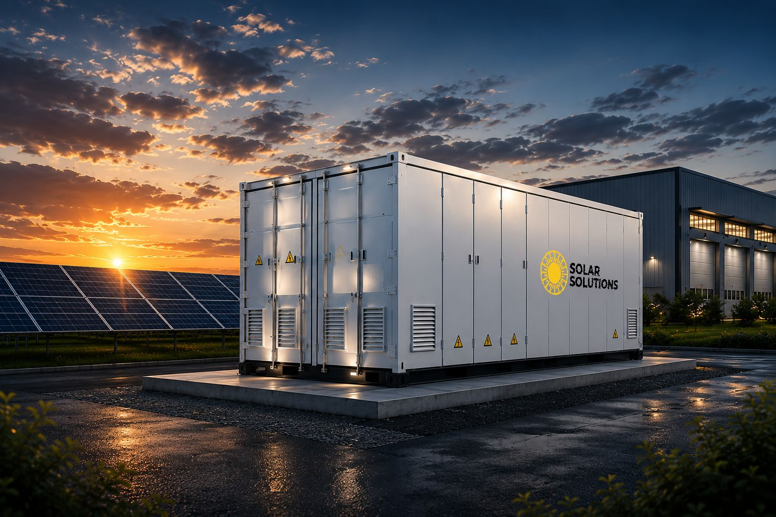 Battery storage container integrated with solar panels at sunset